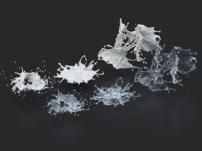 Dynamic White And Transparent Water Splashes Flying On Black Background 3d model