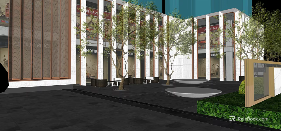 Modern Garden Landscape with Trees Seating Areas Paved Ground and Building Facade 3d model 