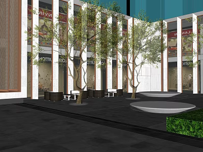 Modern Garden Landscape with Trees Seating Areas Paved Ground and Building Facade 3d model