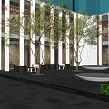 Modern Garden Landscape with Trees Seating Areas Paved Ground and Building Facade