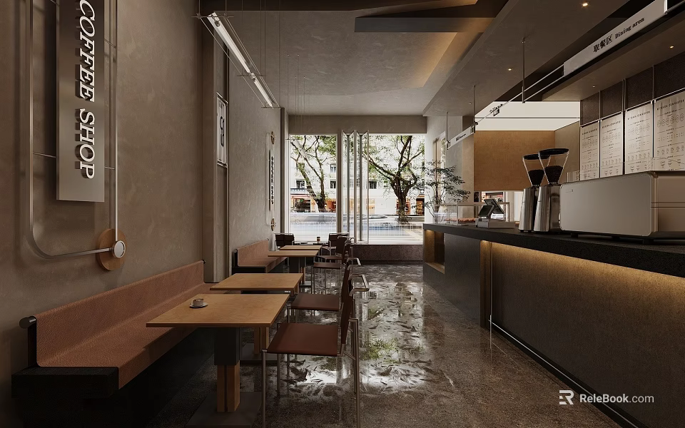 Modern Coffee Shop Interior With Wooden Tables Bench Seats Large Windows And Natural Light 3d model 