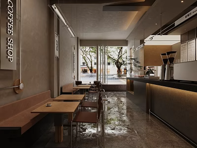 Modern Coffee Shop Interior With Wooden Tables Bench Seats Large Windows And Natural Light 3d model