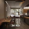 Modern Coffee Shop Interior With Wooden Tables Bench Seats Large Windows And Natural Light