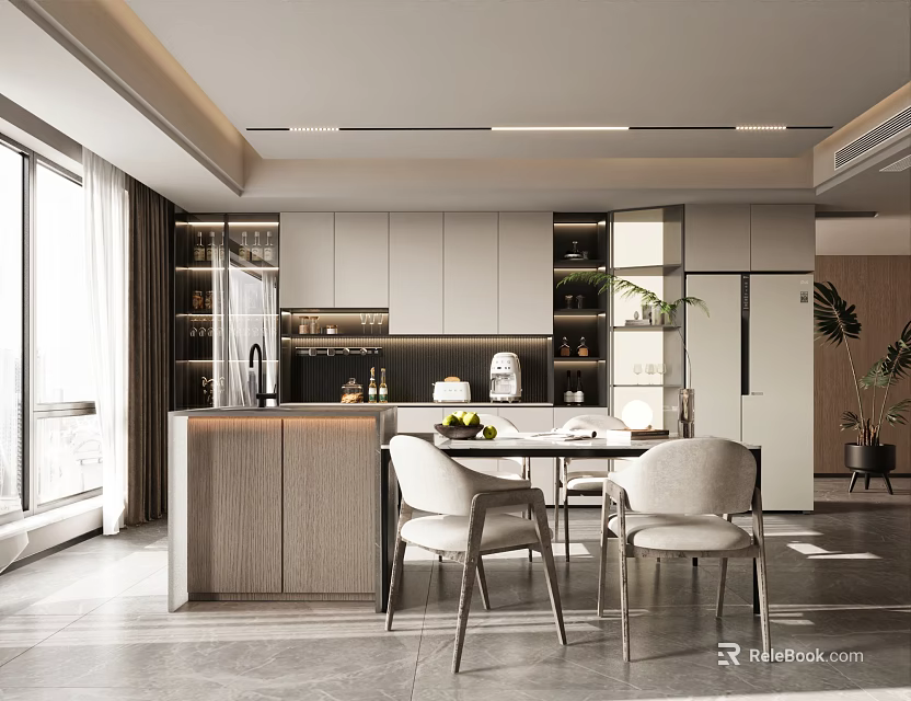 Modern Restaurant Open Kitchen Design With Island Counter Dining Table Chairs And Cabinets 3d model 