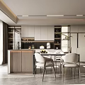 Modern Restaurant Open Kitchen Design With Island Counter Dining Table Chairs And Cabinets