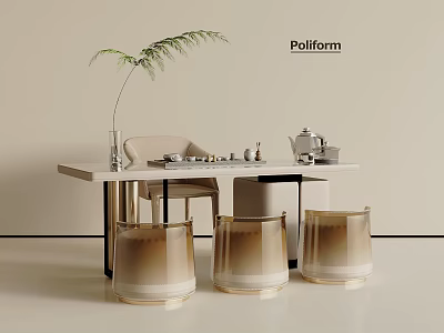 Poliform Modern Tea Table And Chairs With Three Cylindrical Stools Tea Set And Leafy Plant 3d model