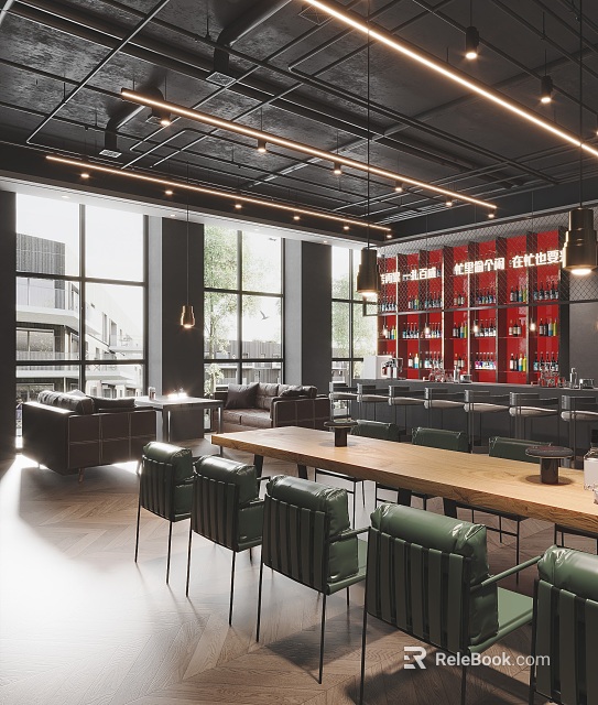 Modern Bar Interior With Natural Light Dark Furniture And Red Liquor Shelves 3d model 