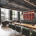 Modern Bar Interior With Natural Light Dark Furniture And Red Liquor Shelves