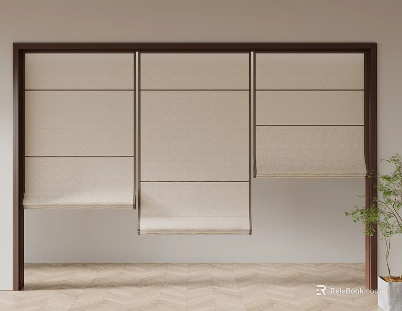 Three Panel Divider With Brown Frame Beige Panels Partially Rolled Up Green Plant Herringbone Floor 3d model 