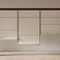 Three Panel Divider With Brown Frame Beige Panels Partially Rolled Up Green Plant Herringbone Floor