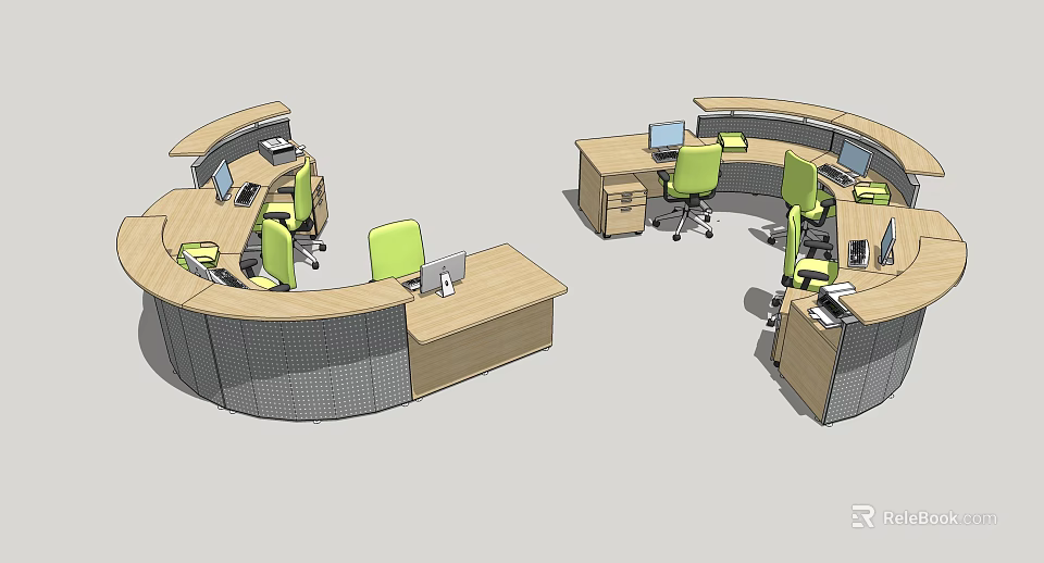 Modern Curved Office Reception Desk Design With Computers And Green Chairs 3d model 