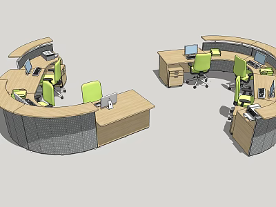 Modern Curved Office Reception Desk Design With Computers And Green Chairs 3d model