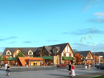 Bustling Commercial Street With Traditional Wooden Buildings Green Awnings Pedestrians And Parked Cars 3d model