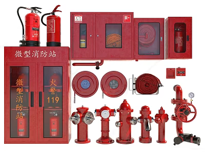 Essential Fire Fighting Equipment Including Mini Fire Station Fire Extinguishers Hydrants Hoses And Cabinets 3d model