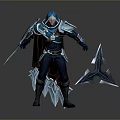 Hooded Man in Blue Silver Armor Holding Sword Spiked Weapon with Cloak and Icy Details