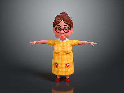 Cartoon Woman Wearing Glasses In Yellow Plaid Dress With Red Buttons Red Shoes Arms Outstretched 3d model