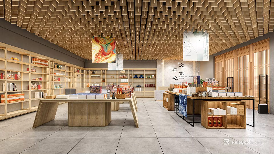 Cozy Cultural Products Store With Wooden Ceiling Bookshelves Display Counters And Displayed Items 3d model 