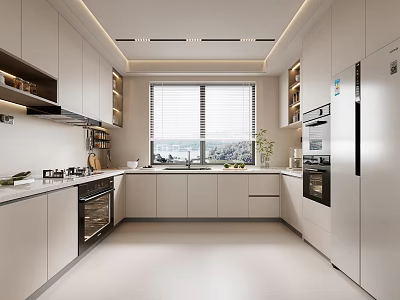 Modern White Kitchen With Cabinets Oven Refrigerator Window View And Ceiling Light Strips 3d model