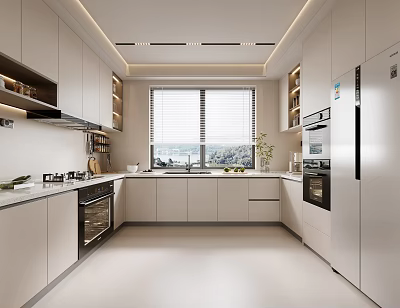 Modern White Kitchen With Cabinets Oven Refrigerator Window View And Ceiling Light Strips 3d model