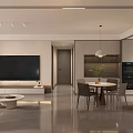 Soft Neutral Tone Modern Living Room With Integrated Dining Area And Cozy Ambient Lighting Design