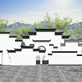 Traditional White Scenic Wall with Black Tiled Eaves Circular Design Green Plants and Blue Sky