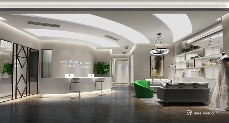 Modern Store Front Desk Interior With Green Plants High Stools And Sofa 3d model 