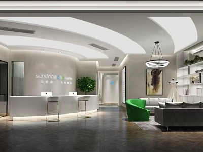 Modern Store Front Desk Interior With Green Plants High Stools And Sofa 3d model