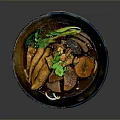 Hearty Braised Meat Stew in Ceramic Bowl with Dark Sauce Fresh Vegetables and Cilantro