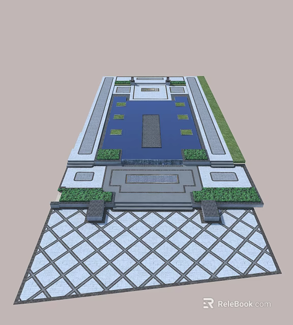 Garden Landscape Design Featuring Central Water Pool Stone Path Green Plants Patterned Pavement And Steps 3d model