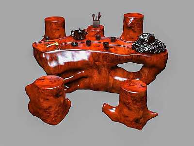 Natural Root Carving Coffee Table With Stump Stools And Tea Set Decor 3d model