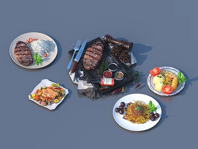 Assorted Delicious Food Plates Featuring Grilled Steak Pasta Salad Rice Fresh Herbs And Vegetables 3d model