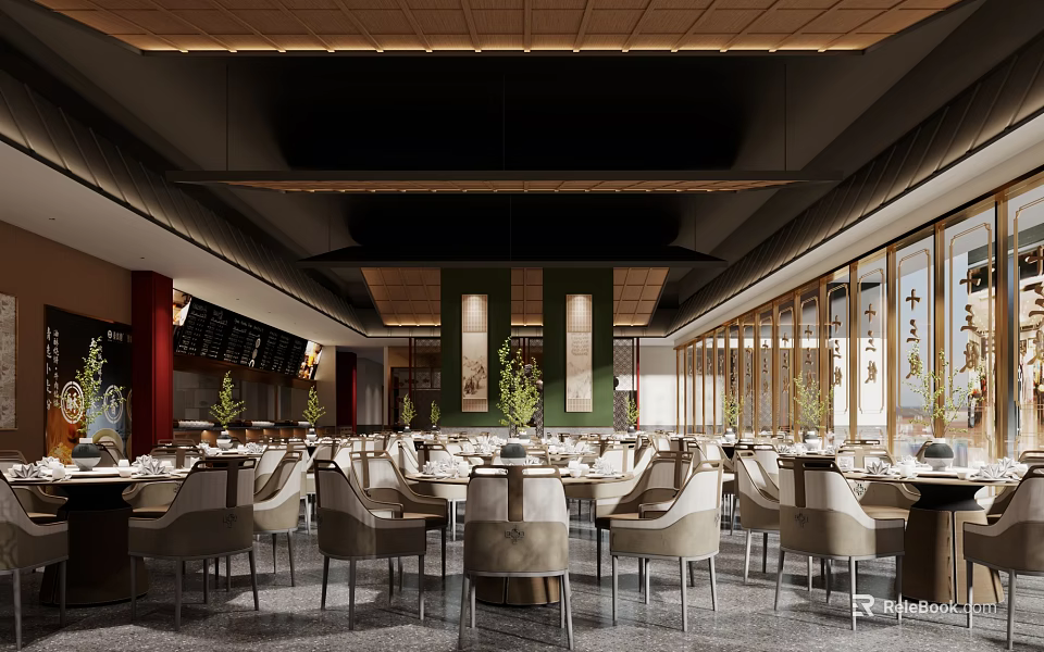 Elegant Restaurant Interior With Neat Tables Chairs Green Plants And Ceiling Lighting 3d model 