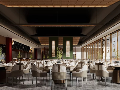 Elegant Restaurant Interior With Neat Tables Chairs Green Plants And Ceiling Lighting 3d model