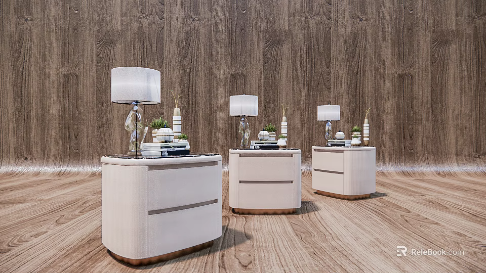 Three Modern Nightstands with Table Lamps Books and Decorations against Wooden Wall and Floor 3d model 