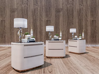 Three Modern Nightstands with Table Lamps Books and Decorations against Wooden Wall and Floor 3d model