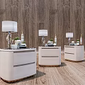 Three Modern Nightstands with Table Lamps Books and Decorations against Wooden Wall and Floor