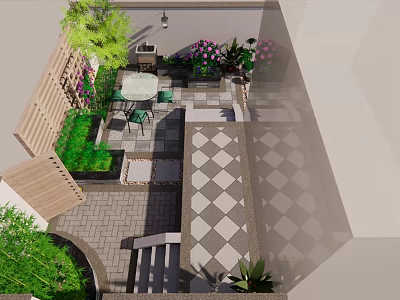 Cozy Garden Decor Featuring Outdoor Seating Green Plants Flowers And Paved Patio 3d model
