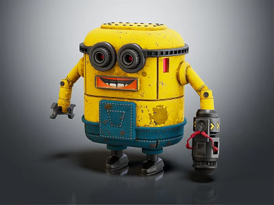 Yellow Minion Style Robot Character Wearing Blue Overalls Holding Tool 3d model