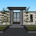 Traditional Chinese Style Entrance Gate With Hollow Out Design On Stone Wall And Bamboo Plants