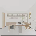 Traditional Teahouse Interior Design Featuring Wooden Table Chairs Tea Sets Display Shelves And Green Plant