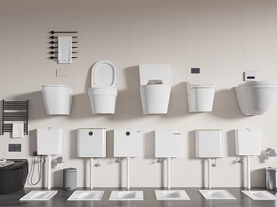 Various Toilets and Tanks With Towel Racks Black Bathtub Trash Bins in Bathroom 3d model