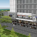 Modern Commercial Street Outdoor Area With Storefronts Umbrellas Plants And Pedestrians