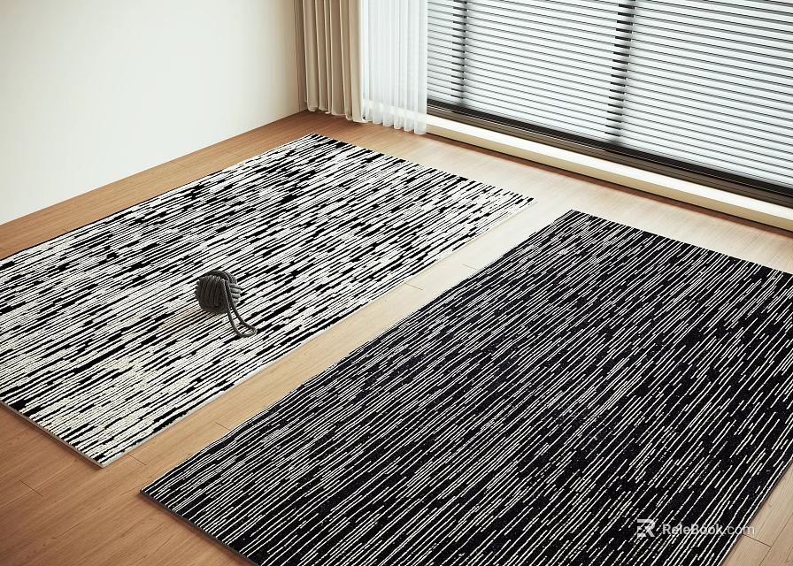 Two Square Rugs With Black White Textures On Wooden Floor Near Window 3d model 