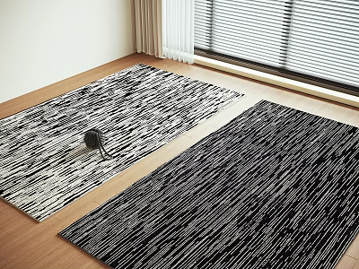 Two Square Rugs With Black White Textures On Wooden Floor Near Window 3d model