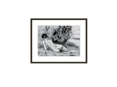 Framed Black And White Nude Female Portrait Painting Lying On Grass With Tree Background 3d model