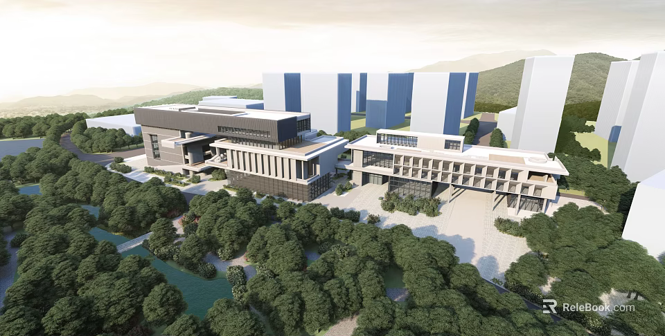 Modern Architectural Complex With Lush Trees And Green Landscape Design 3d model