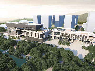 Modern Architectural Complex With Lush Trees And Green Landscape Design 3d model