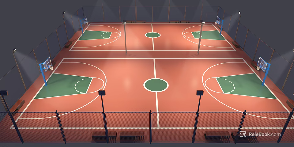 Well Lit Indoor Basketball Court With Green Orange Flooring Hoops And Benches 3d model 