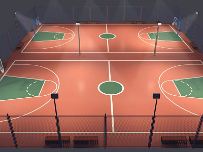 Well Lit Indoor Basketball Court With Green Orange Flooring Hoops And Benches 3d model