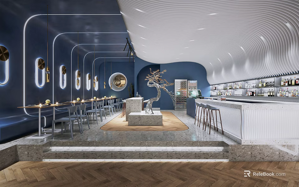 Modern Bar Interior with Dark Blue Walls Curved Design Bar Counter and Wavy Ceiling 3d model 